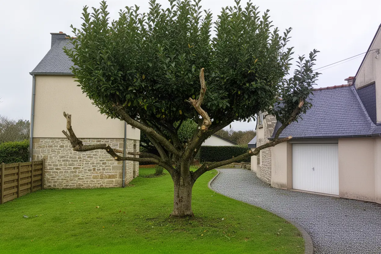Branches basses encombrant un passage avant élagage à Brix
