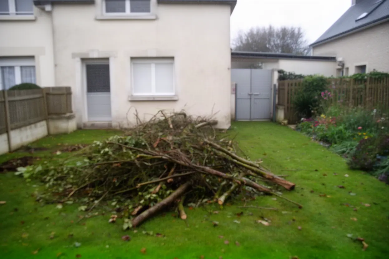 Branches et feuilles accumulées dans un jardin à Cherbourg-en-Cotentin