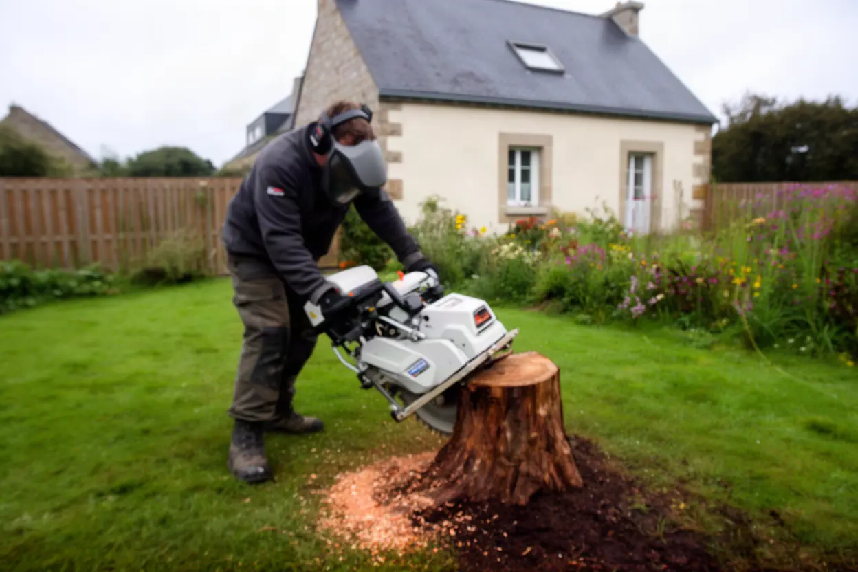 Rognage d'une souche dans un jardin cherbourgeois