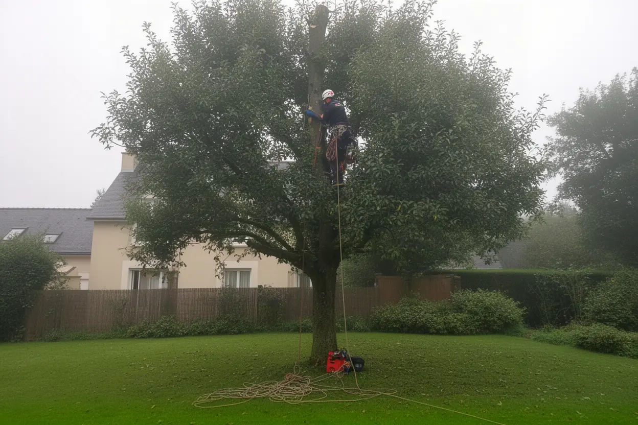 Arboriste grimpeur sécurisant un arbre à Tollevast
